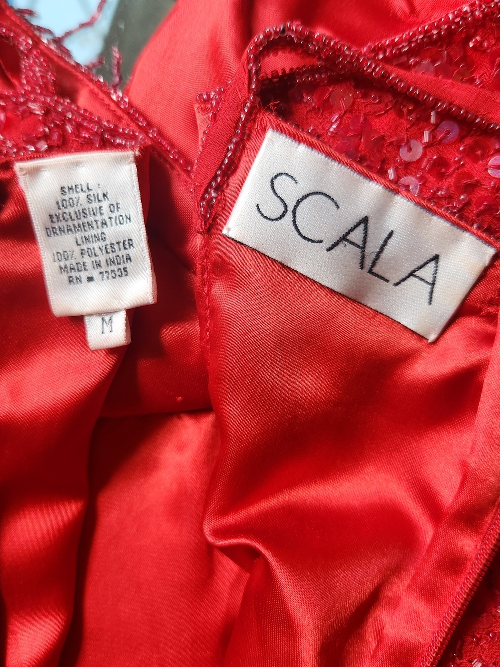 Vintage 1990s Scala Red Silk Beaded Sequin Fringe Maxi Gown Made in India M - Picture 8 of 15